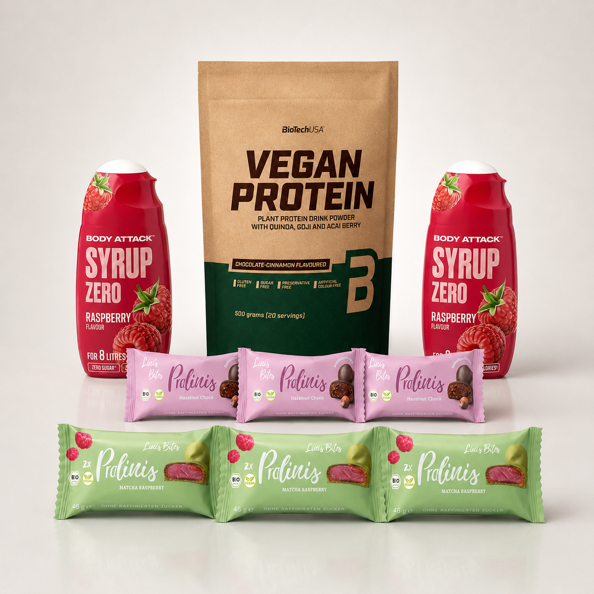 Proteinpulver, Sirup und Protein-Snacks als Bundle